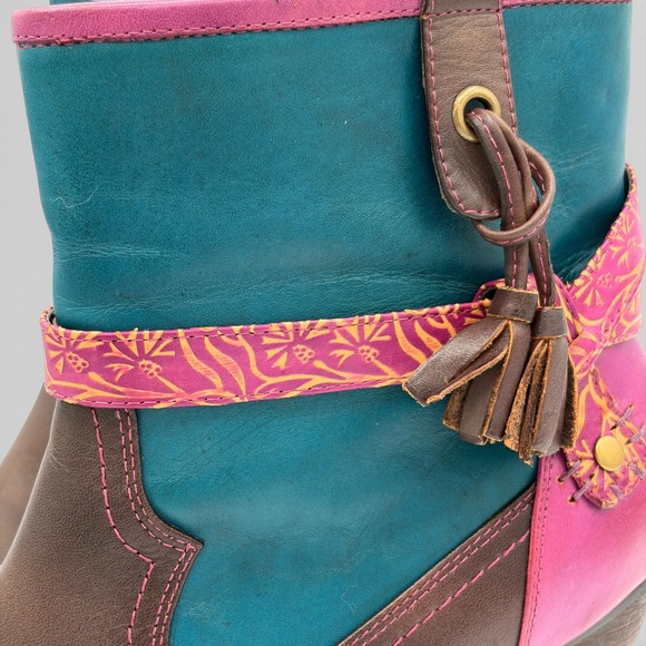 L'ARTISTE Spring Step Sz 41 Ankle Boots Brown Teal Pink Leather Tassel Western - Picture 5 of 9